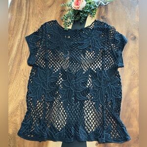 Elegant Black Crochet Macrame Style Floral Top